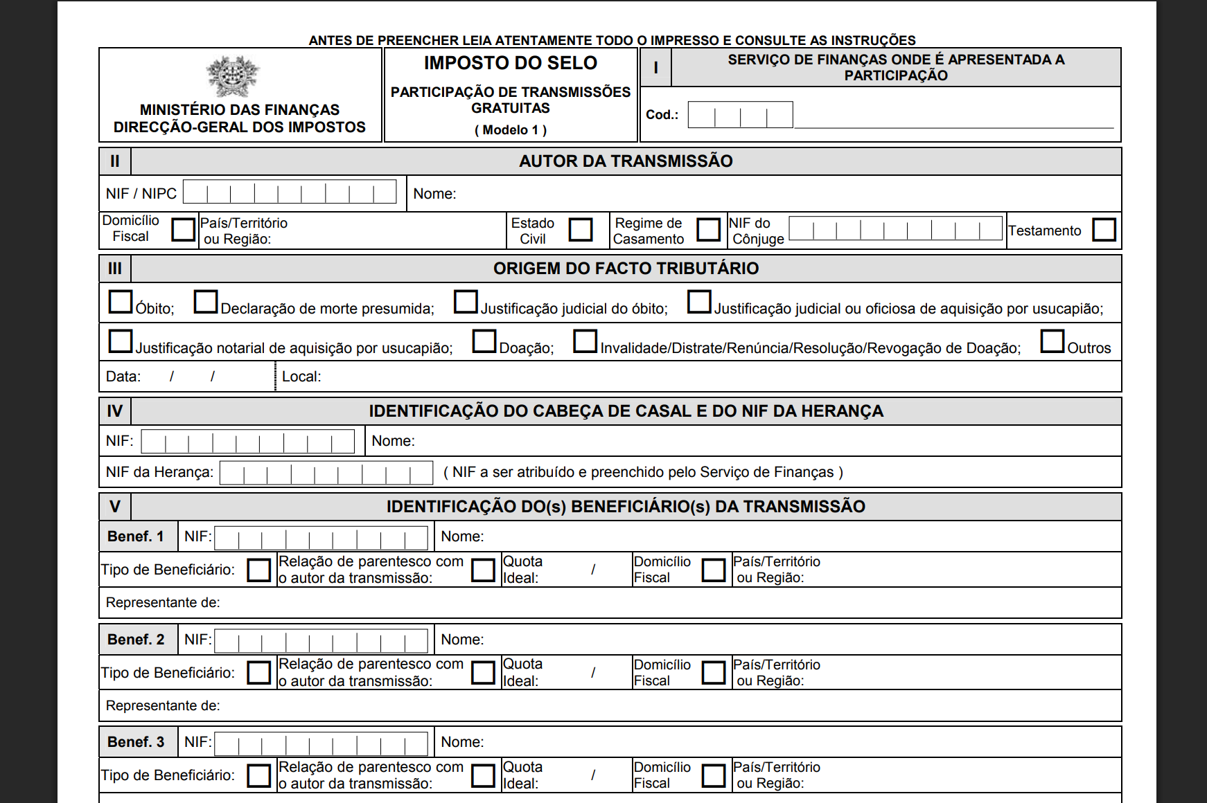Participação Modelo 1 do Imposto do Selo. Fonte: Portal das Finanças