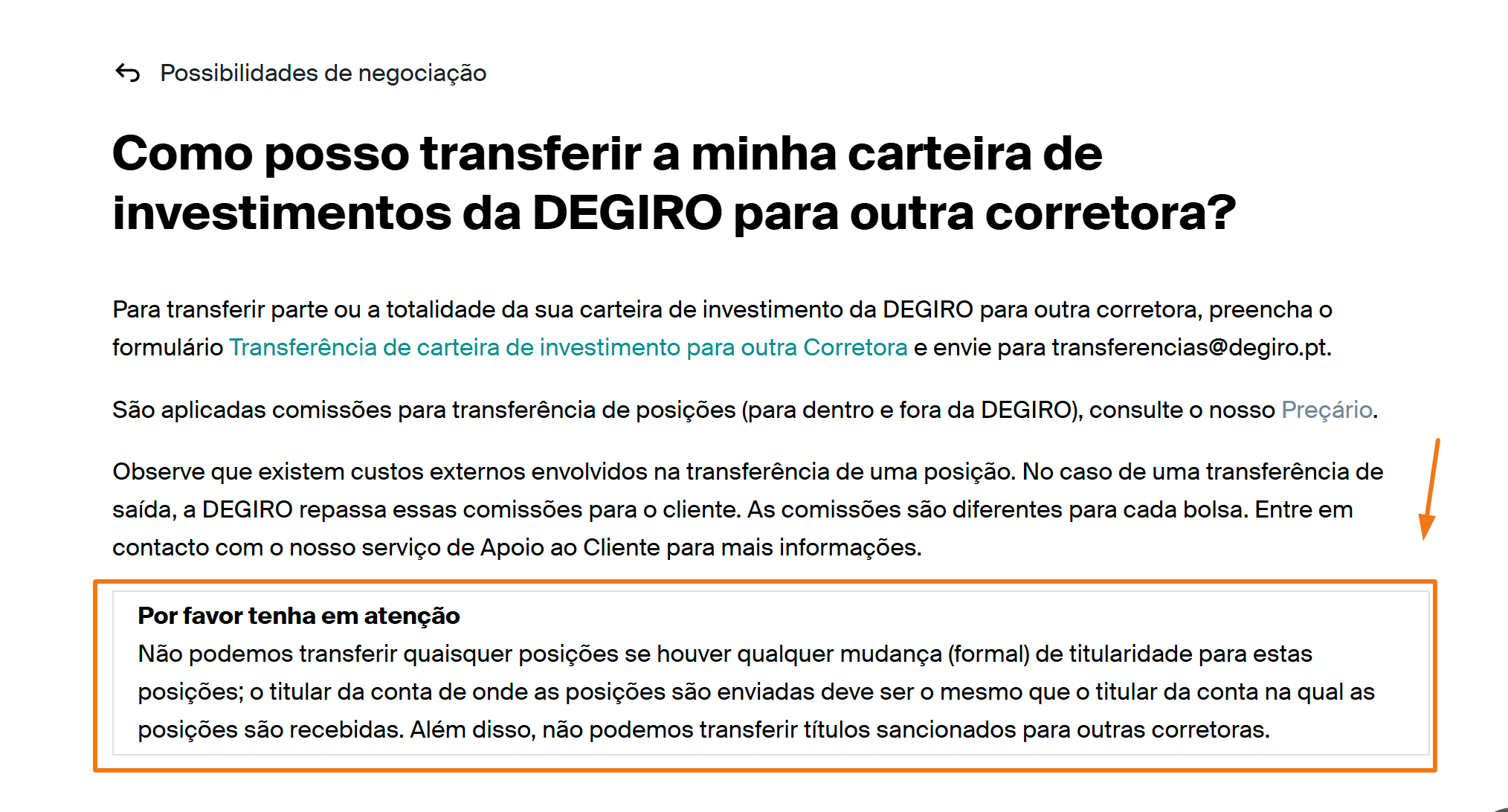 Aviso da DEGIRO sobre transferências com mudança de titularidade. Fonte: DEGIRO