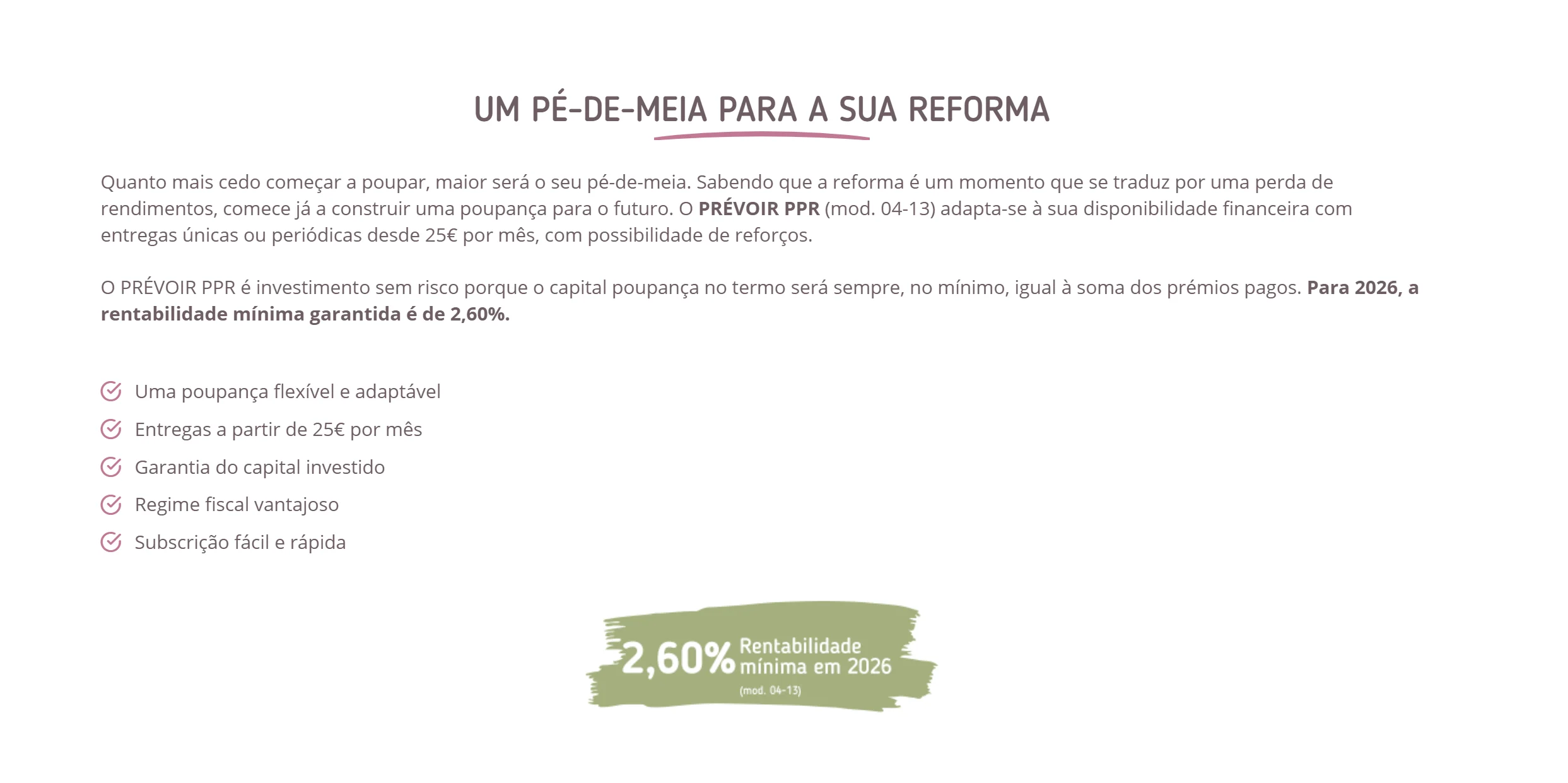 Página do PRÉVOIR PPR com a rentabilidade mínima garantida de 2,60% em 2026