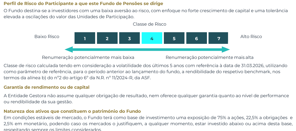 Classe de risco e alocação base do PPR Golden SGF ETF no Documento Informativo
