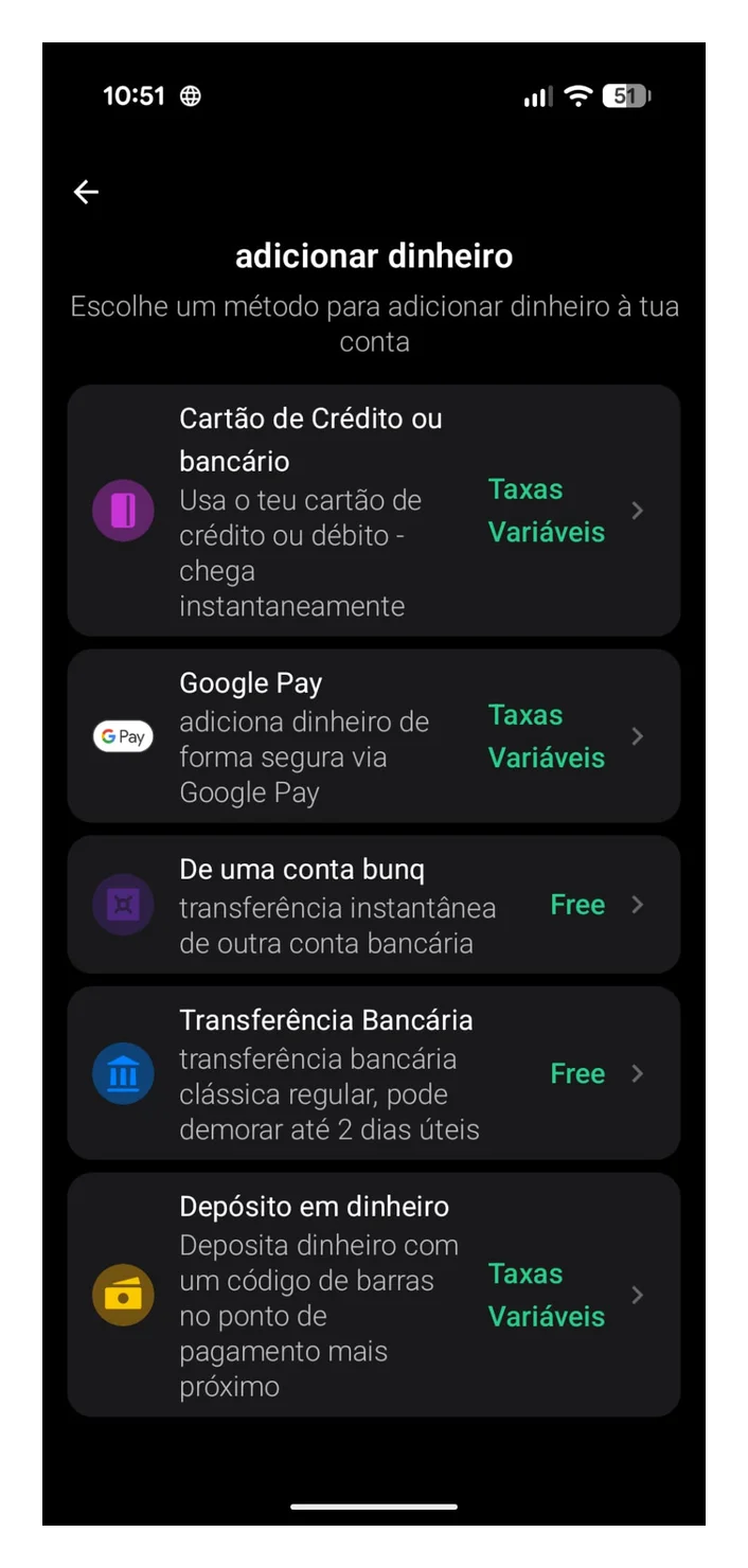 Métodos para carregar a conta bunq
