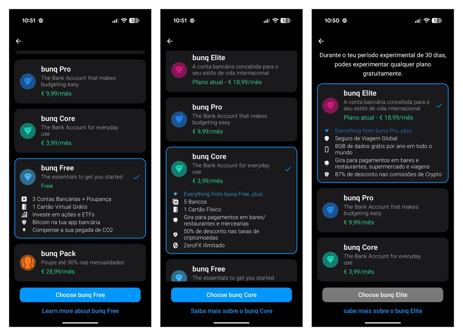 Planos bunq Free, Core e Elite na app