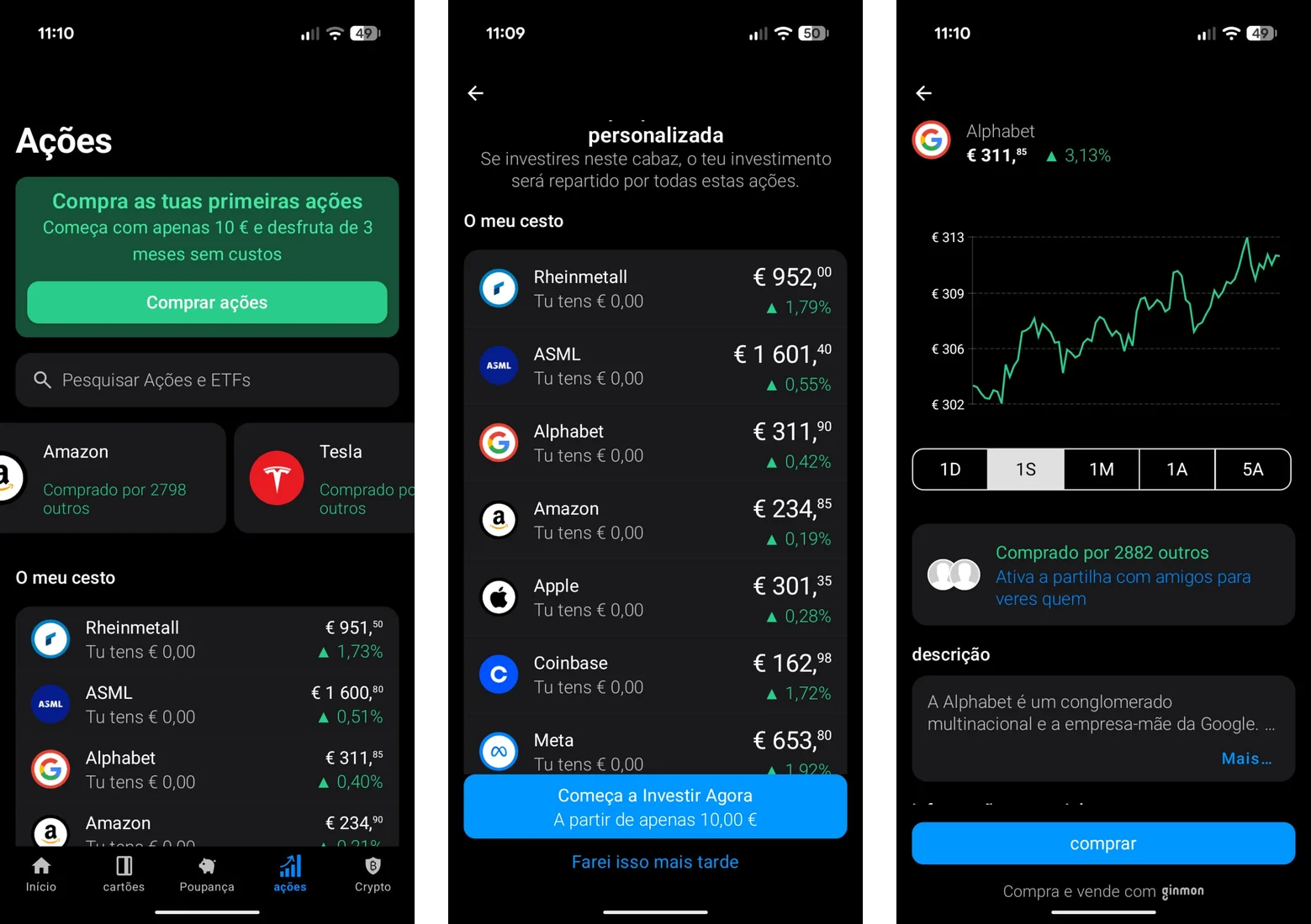Investimento em ações na app da bunq