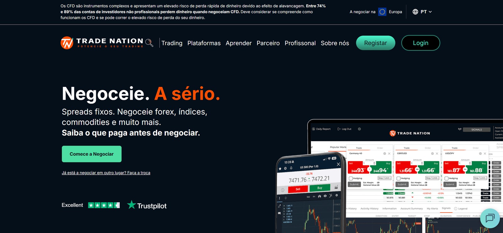 Trade Nation - página inicial. Fonte: tradenation.com
