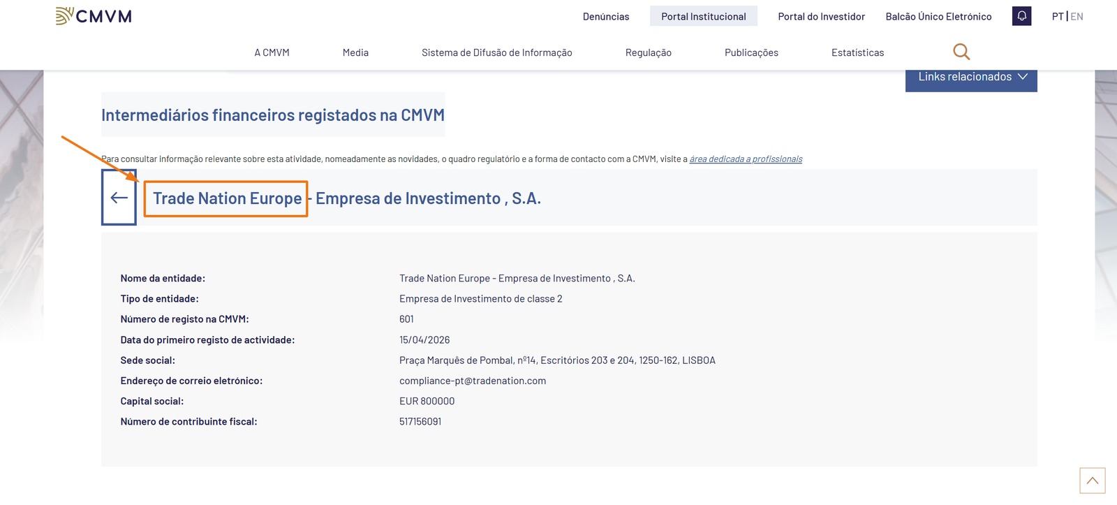 Registo da Trade Nation Europe na CMVM. Fonte: cmvm.pt