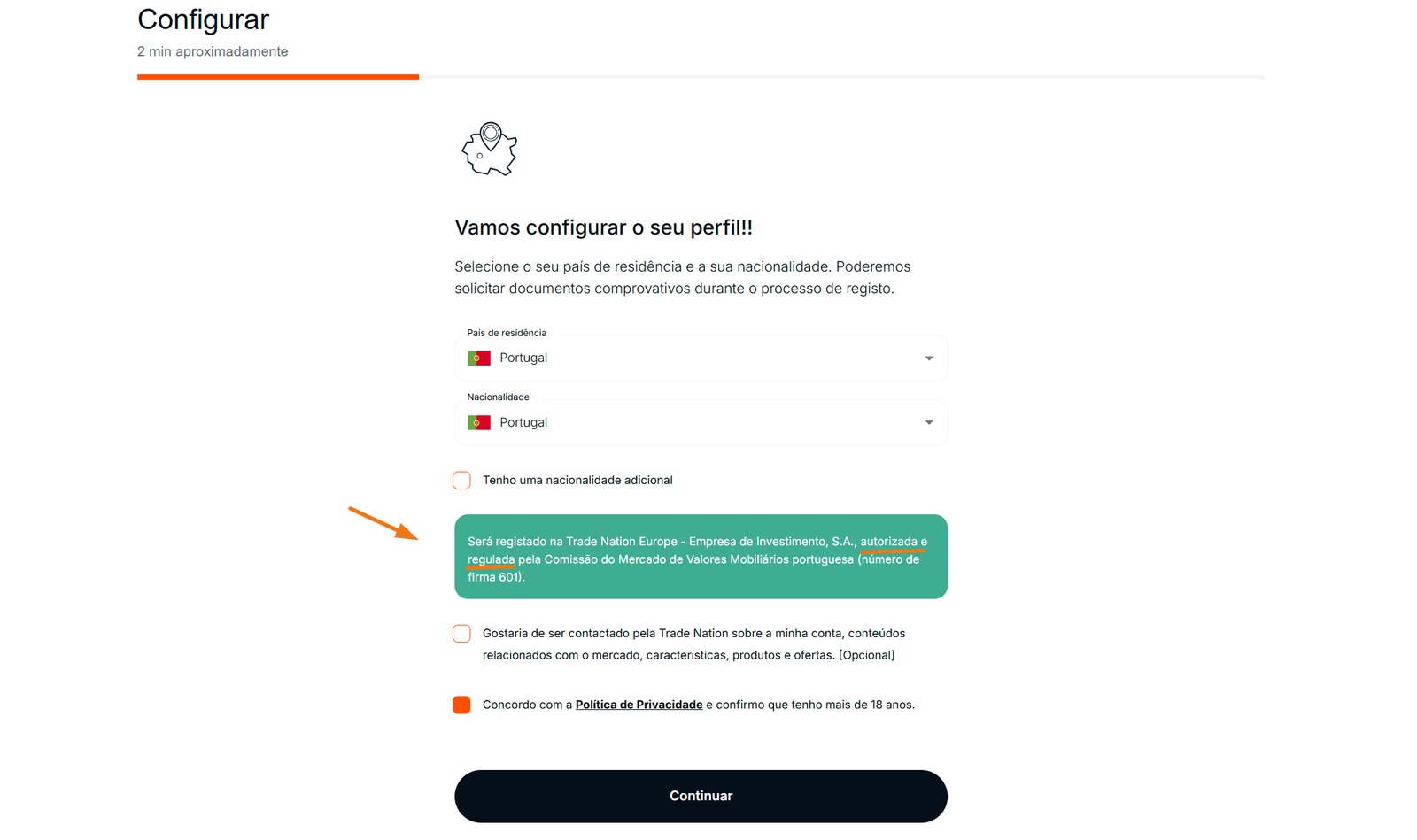 Aviso no registo sobre a entidade e o regulador. Screenshot da nossa conta pessoal