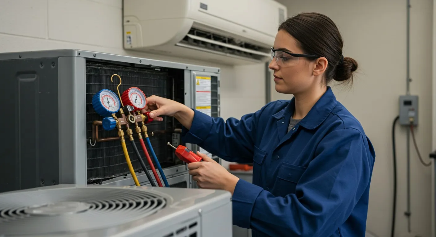 HVAC technician checking refrigerant manifold gauges