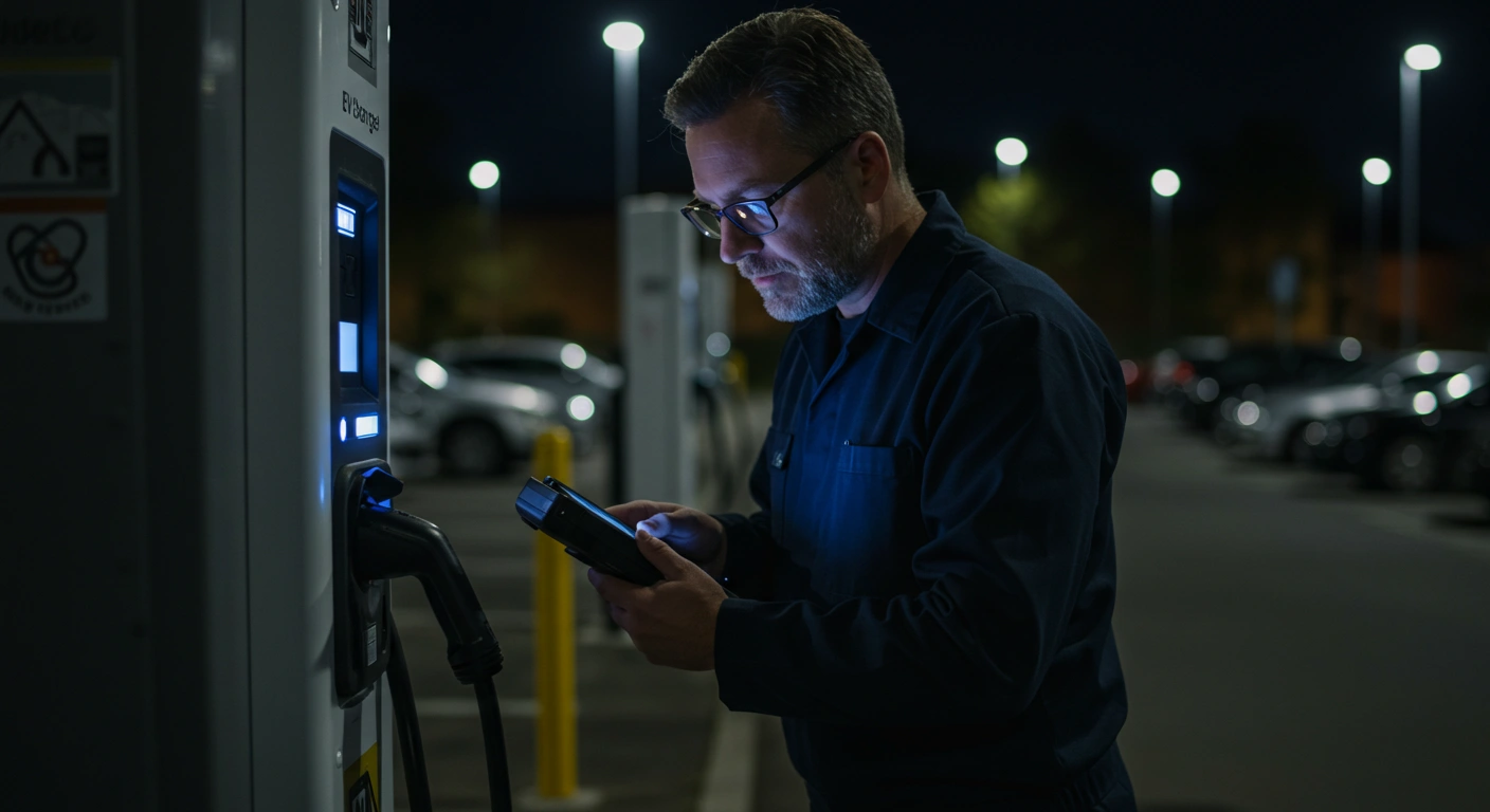 Technician repairing EV charger at night