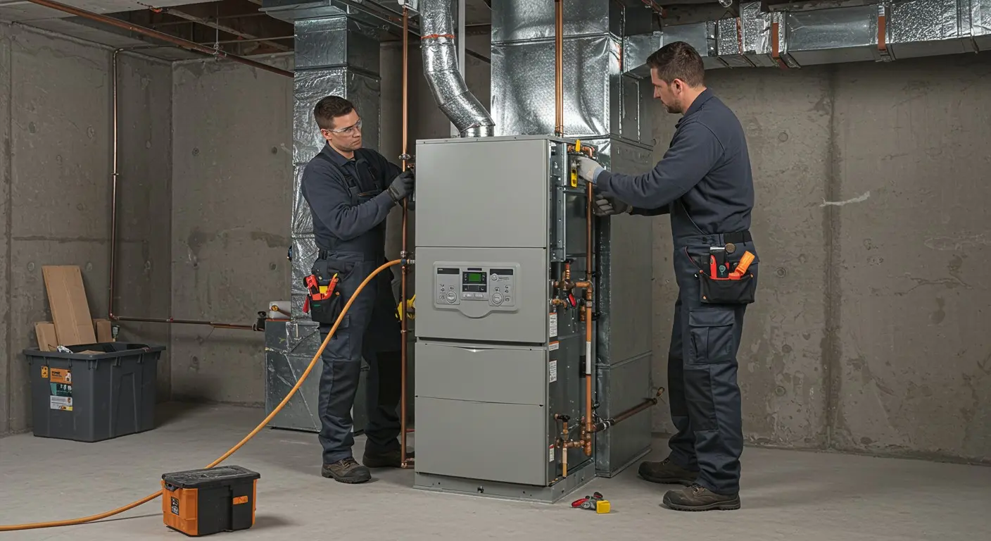 Two HVAC technicians servicing basement furnace