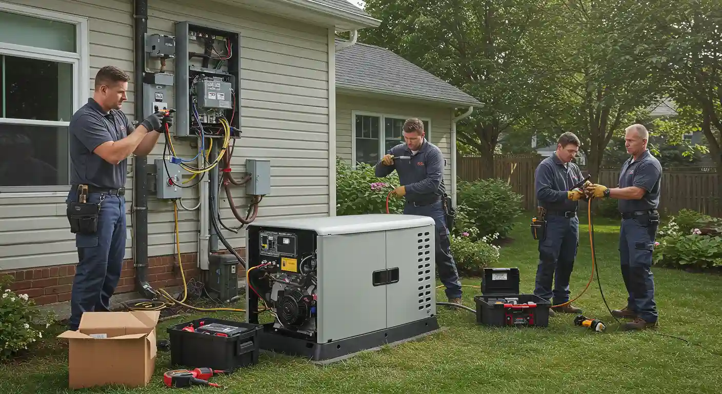 Four male technicians are installing a whole-house standby generator on a residential lawn next to a light-sided house. One technician works on the open electrical transfer switch panel on the house wall, another handles wiring near the generator's exposed engine, and the remaining two stand ready with tools and cables, suggesting a team effort in the installation process.