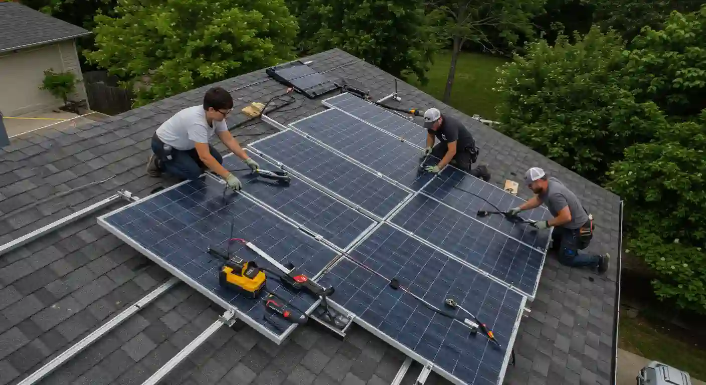Three workers are busy on the roof installing a new solar panel.