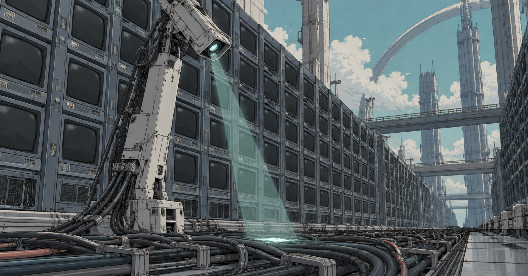 A scanning machine inspects raw data cables while a wall of monitoring screens stays dark