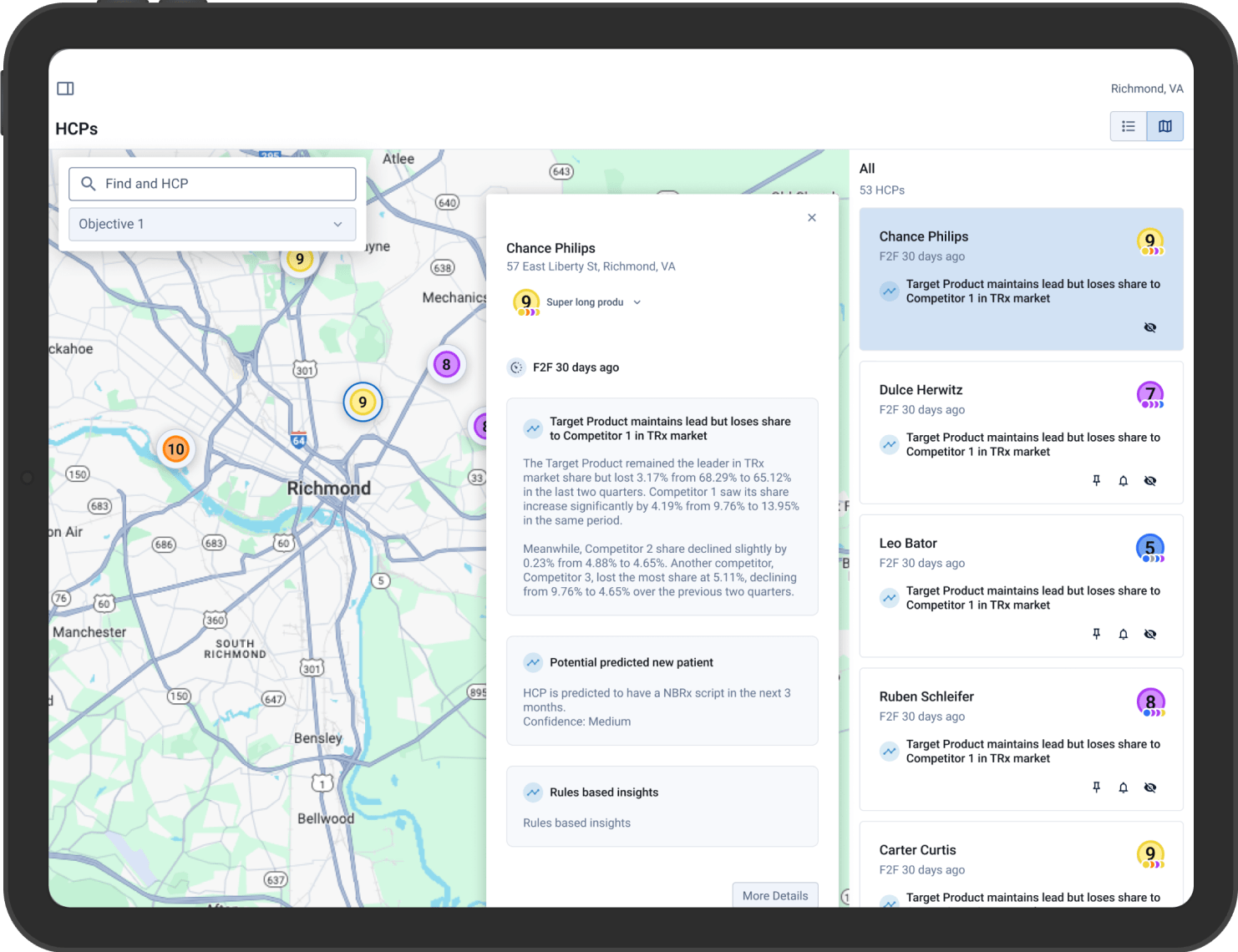 A mapping/ routing interface that shows geographic location of HCPs in a sales reps territory. 