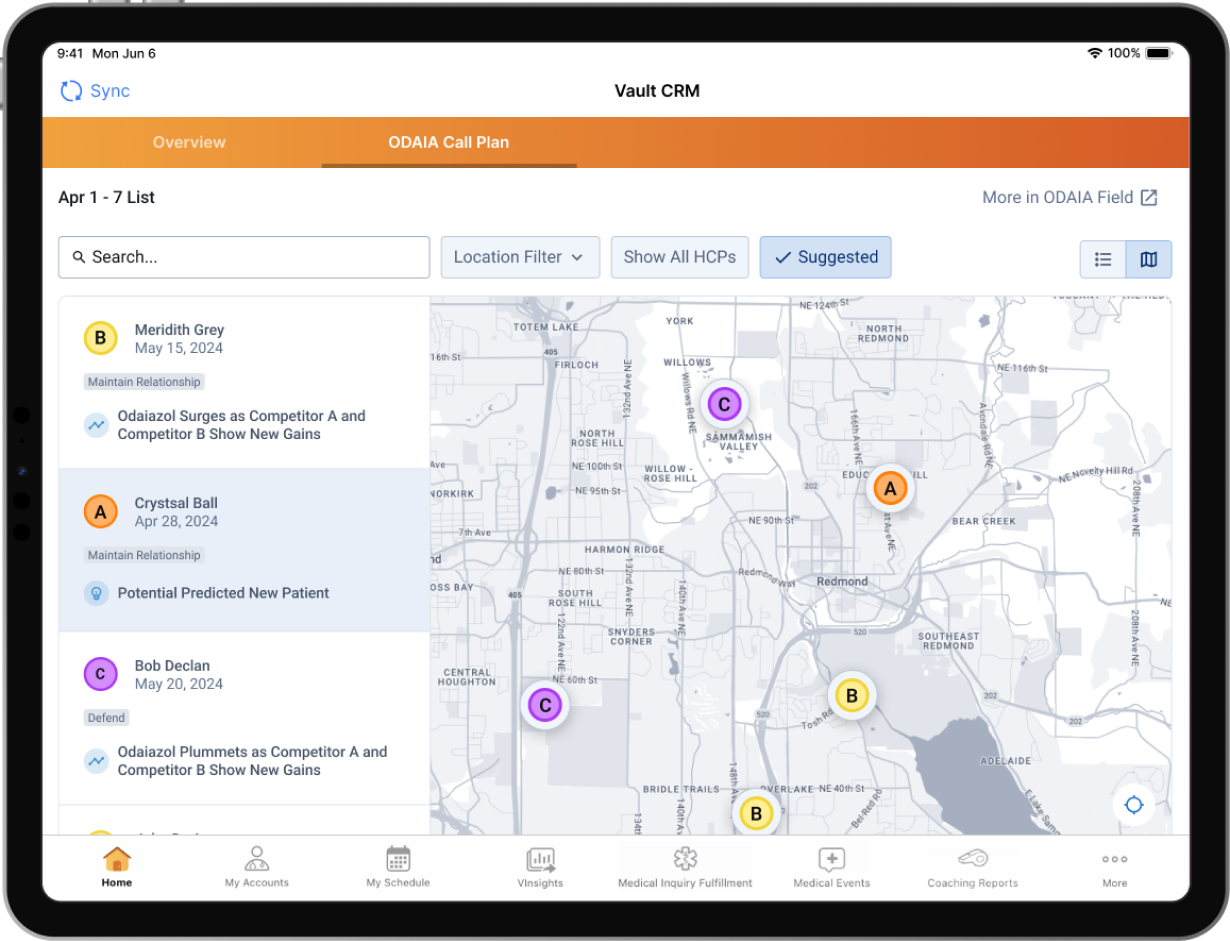 Veeva CRM dashboard showing ODAIA integration with HCP map and routing view.