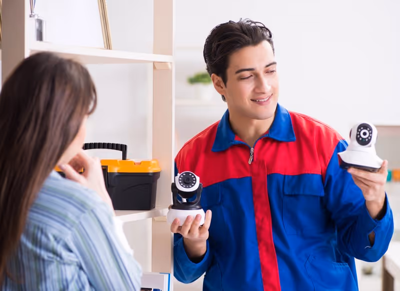 Technicien présentant des caméras de surveillance à une cliente