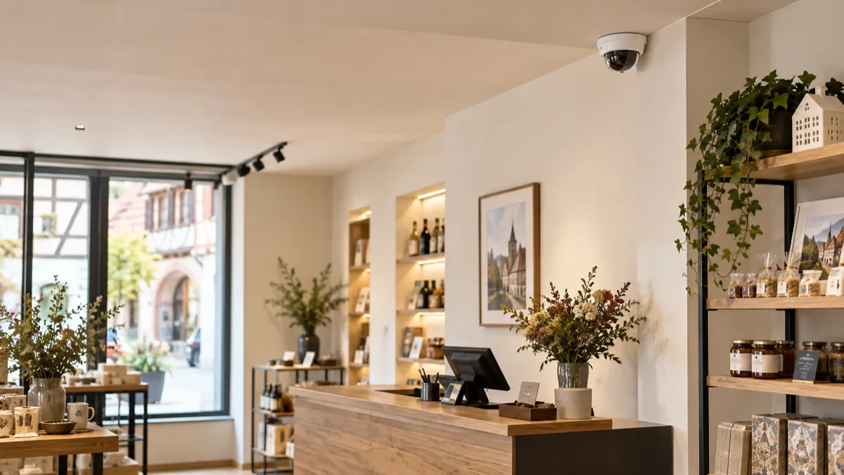 Caméra dôme de vidéosurveillance discrète installée dans une boutique professionnelle