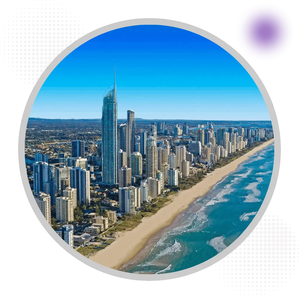 Aerial view of Gold Coast beaches and high-rise buildings along the coastline in Queensland