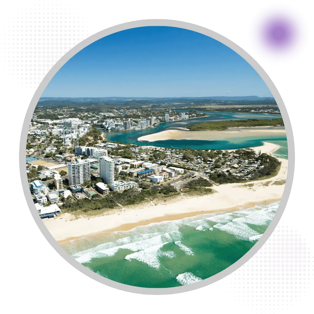 Aerial view of Sunshine Coast beaches, waterways and coastal development in Queensland