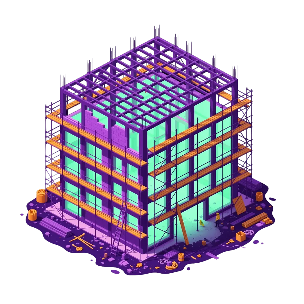 Isometric illustration of a multi-story building under construction with scaffolding and construction materials around.