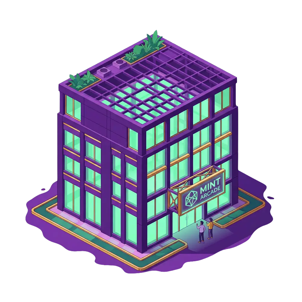 Isometric illustration of a modern purple building with large green-tinted windows and a sign reading 'MINT ARCADE' with two people standing at the entrance.