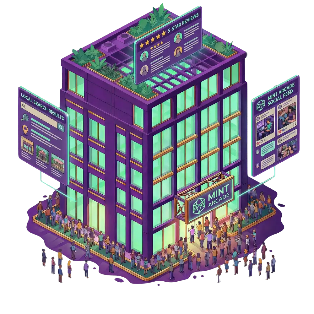 Isometric purple building with green windows labeled Mint Arcade, surrounded by crowds and floating panels showing local search results, 5-star reviews, and social feed.