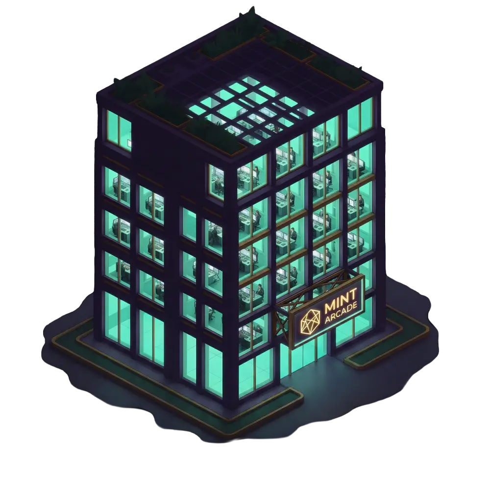 Isometric view of a modern office building with multiple floors, illuminated windows, and a sign that reads 'MINT ARCADE'.