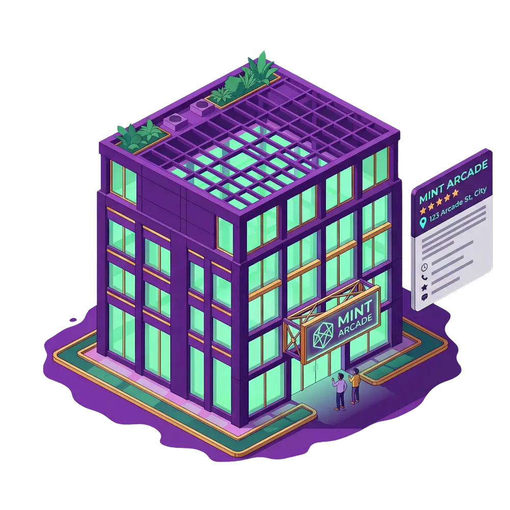 Isometric illustration of a modern purple building with large windows and rooftop plants, labeled Mint Arcade with two people at the entrance and an info panel showing its address and rating.