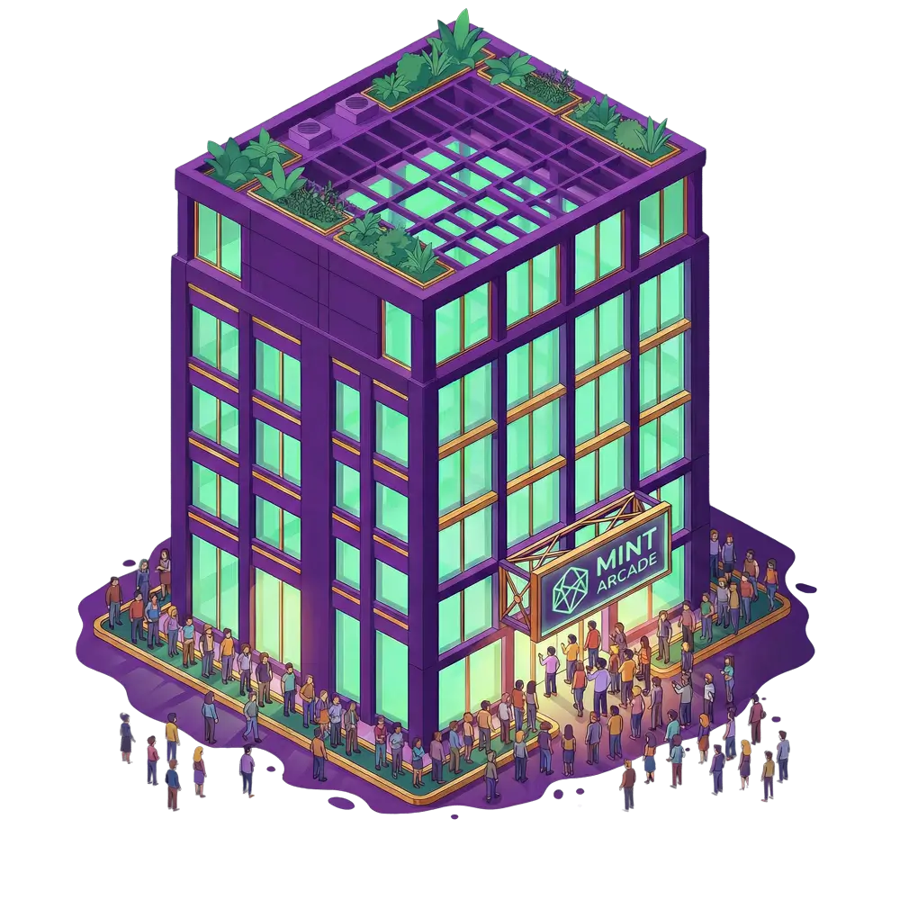 Illustration of a modern purple building with green rooftop plants and large windows, featuring a sign that reads 'Mint Arcade' with a crowd of people gathered outside.