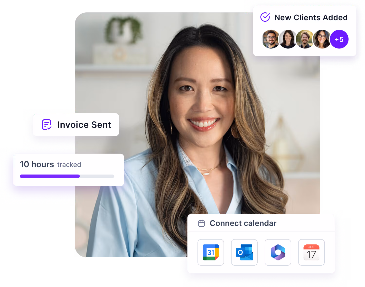 Smiling woman with long hair wearing a light blue shirt surrounded by UI elements showing invoice sent, 10 hours tracked, new clients added, and calendar connection options.