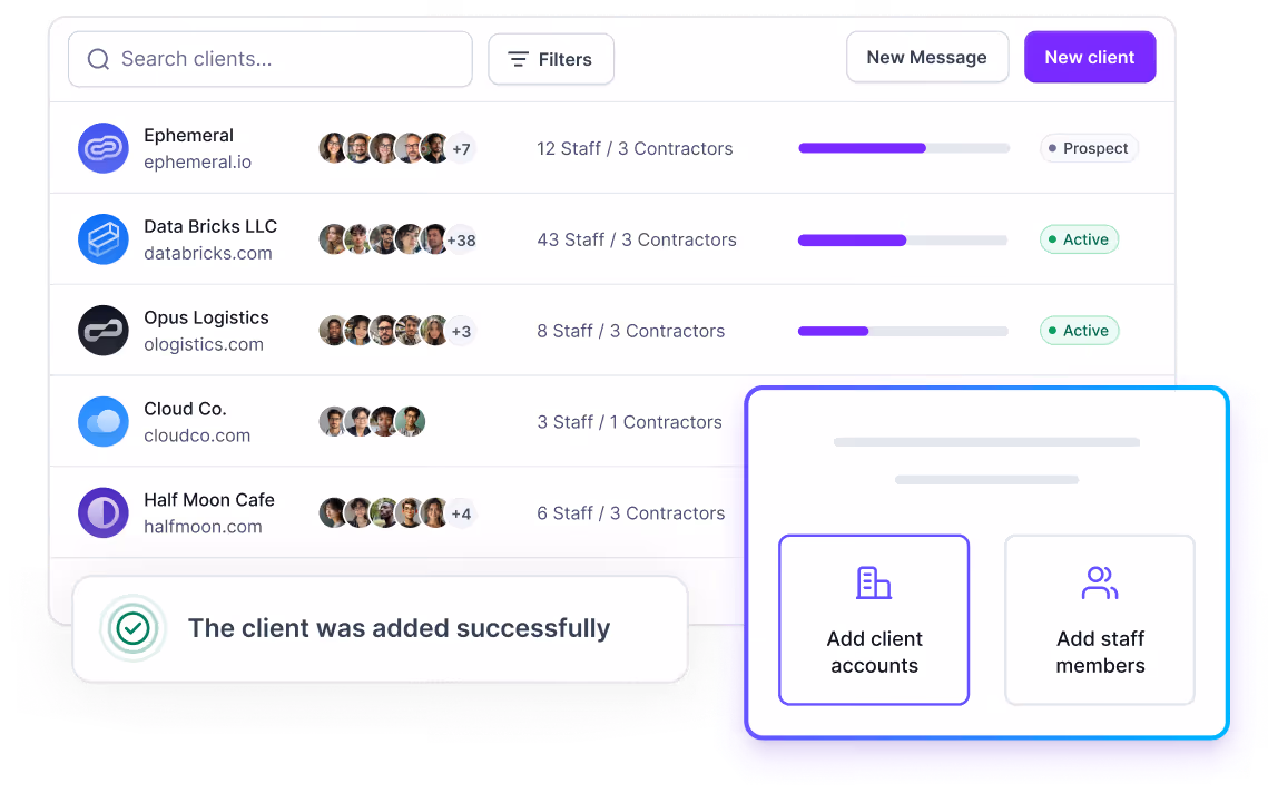 Client management dashboard showing a list of clients with staff and contractor counts, status indicators, a search bar, and options to add client accounts or staff members, with a notification stating the client was added successfully.
