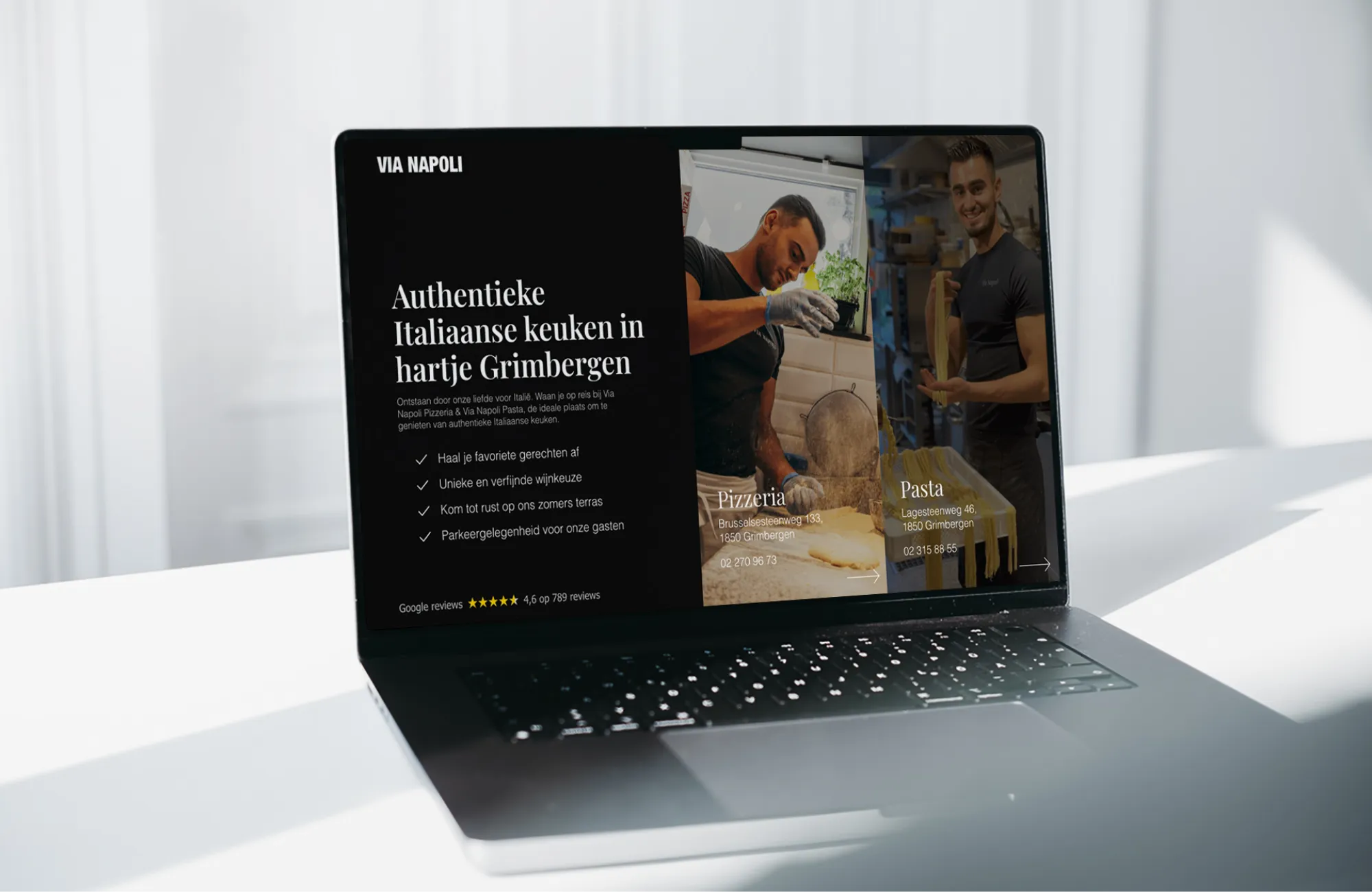 Showcase website (desktop) Via Napoli - Collectiv - wearecollectiv.be - Strategie, design en low-code development, gecombineerd in websites die jouw merk versterken.