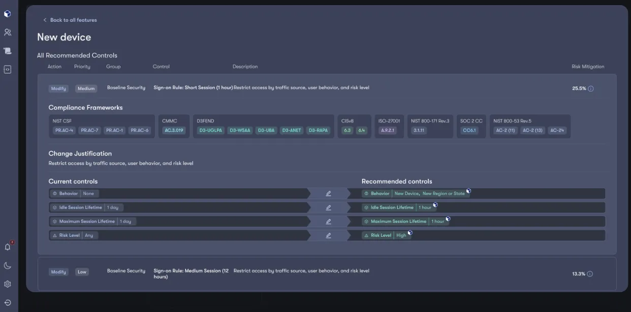 Drill into Reach recommended controls that utilize the licensed feature, prioritized by exposure mitigation.