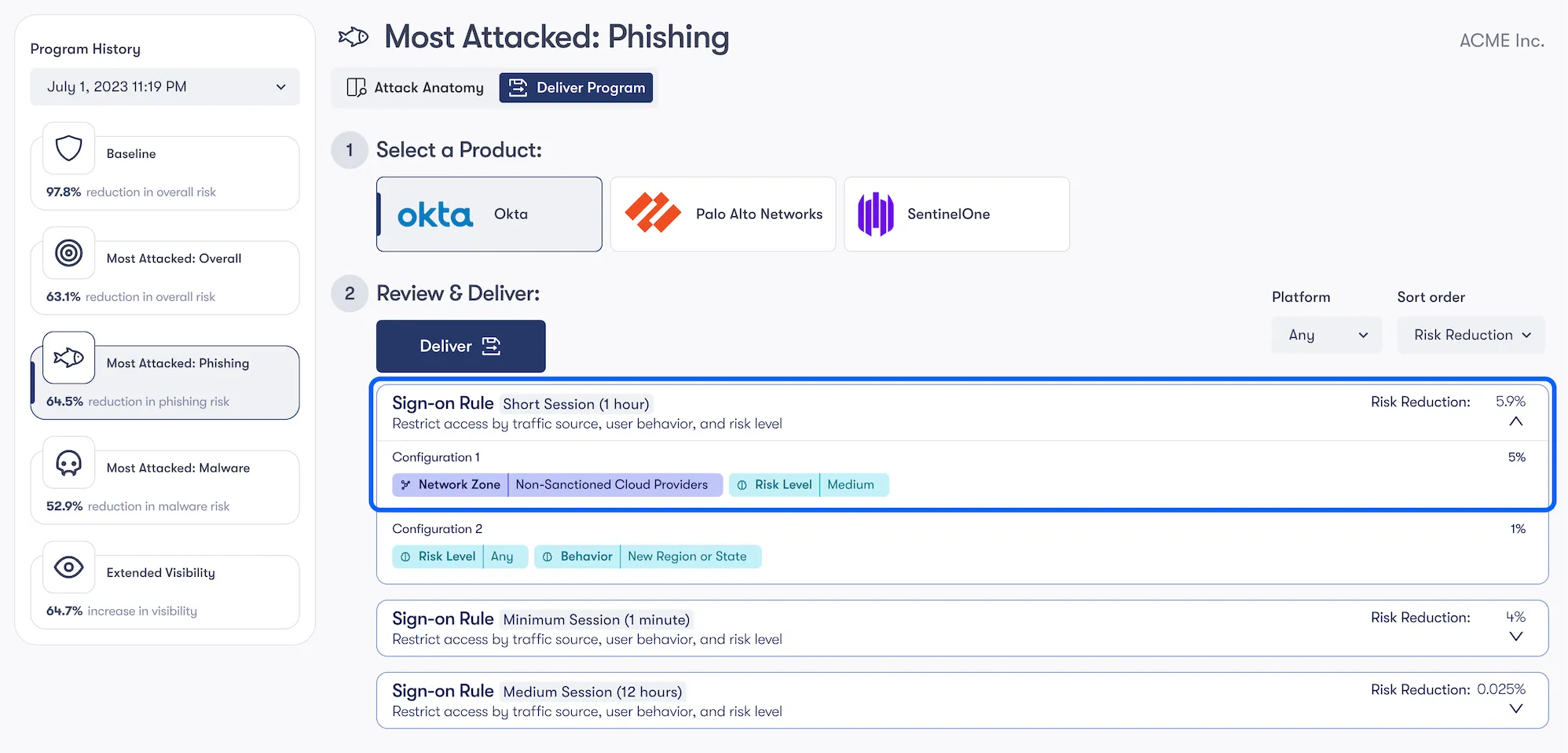 For most phished users, shorten session time to 1 hour if risk level of login is medium and sign-in originates from non-sanctioned cloud provider.