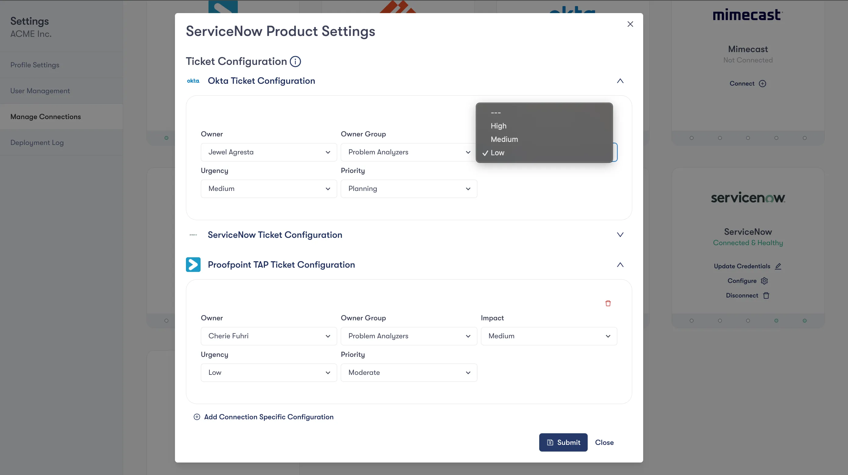 ServiceNow Product Settings popup