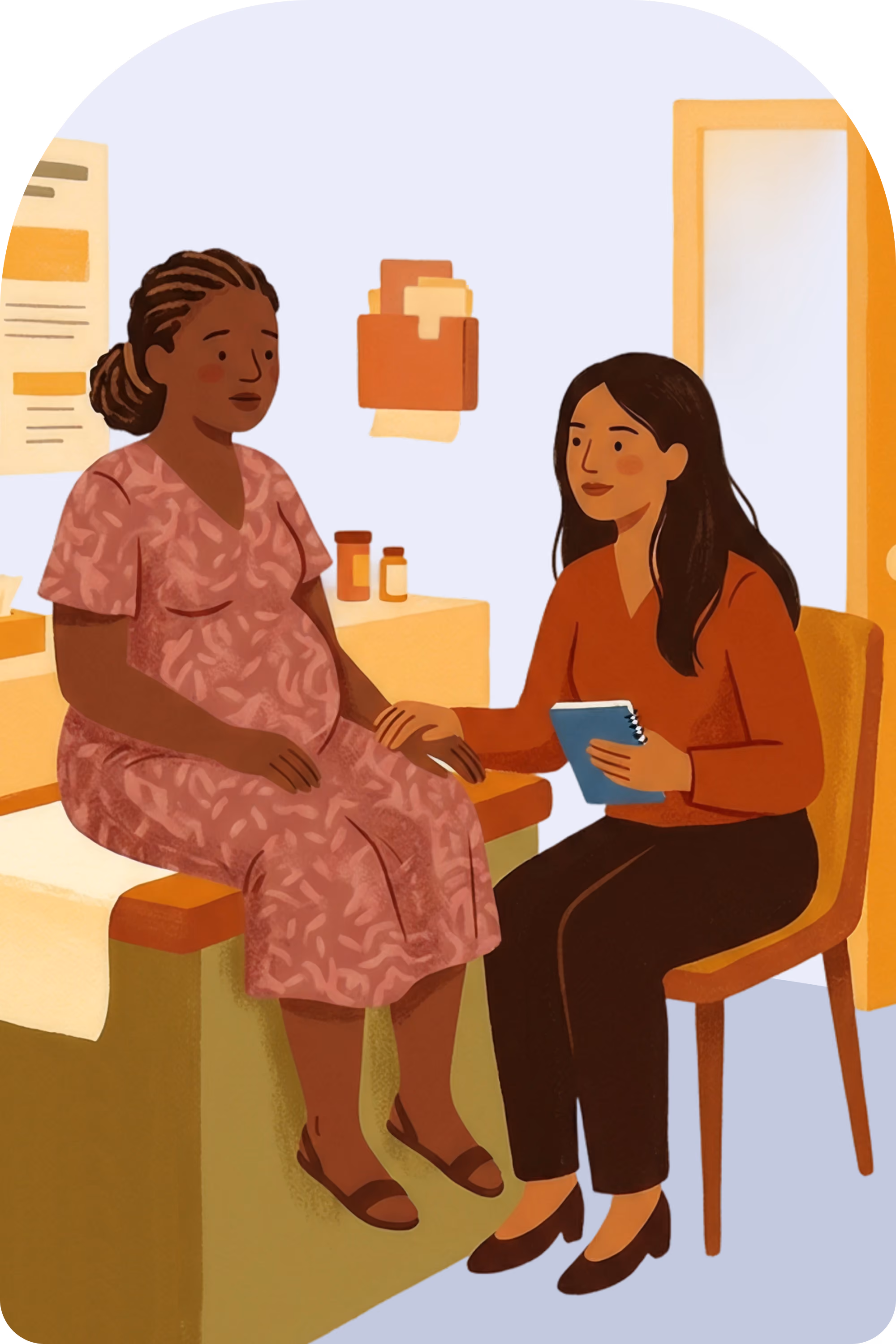 Pregnant woman sitting on exam table with healthcare provider holding her hand and taking notes.