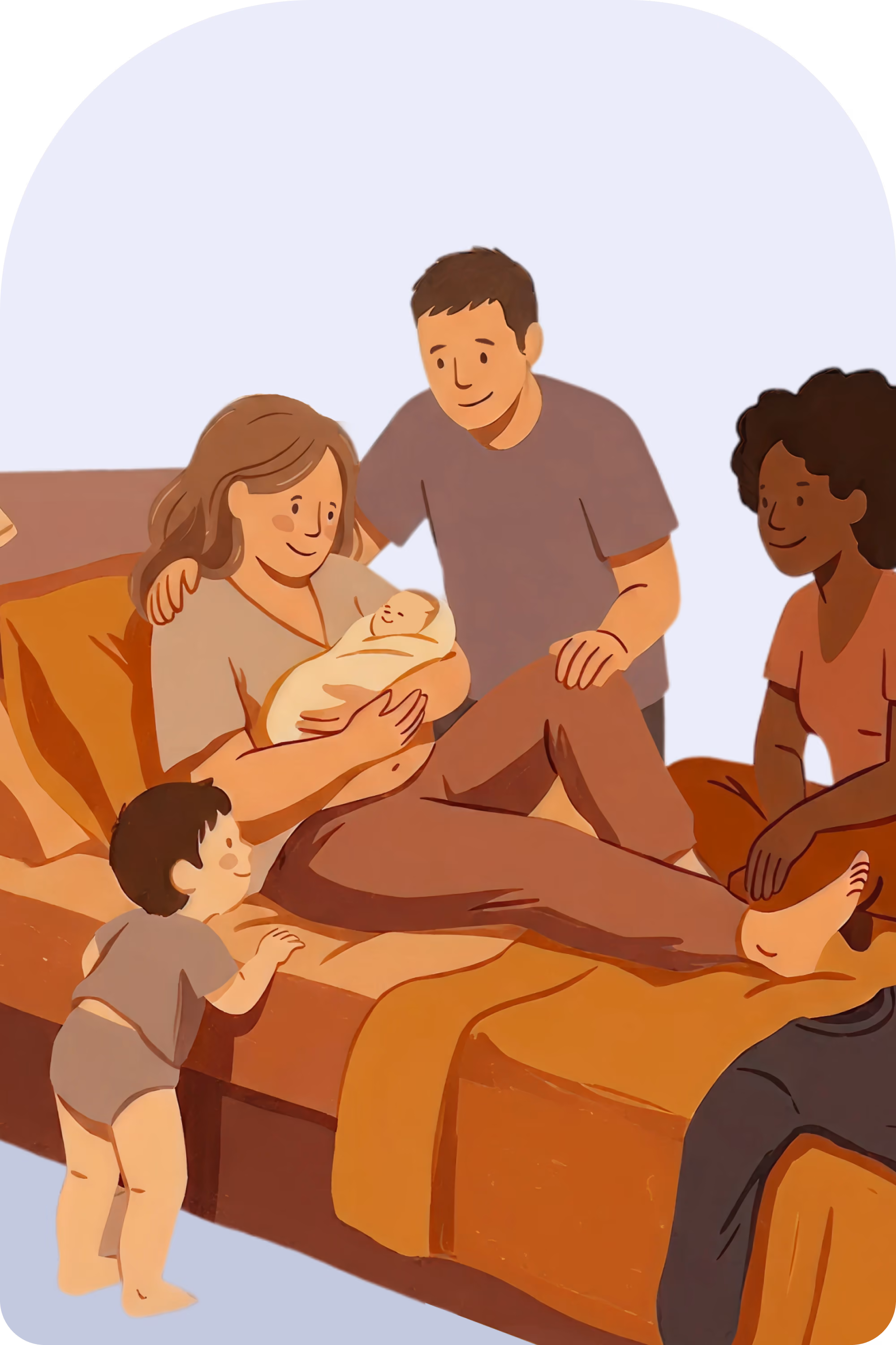 Family joyfully gathered around mother holding newborn baby on bed with toddler nearby.
