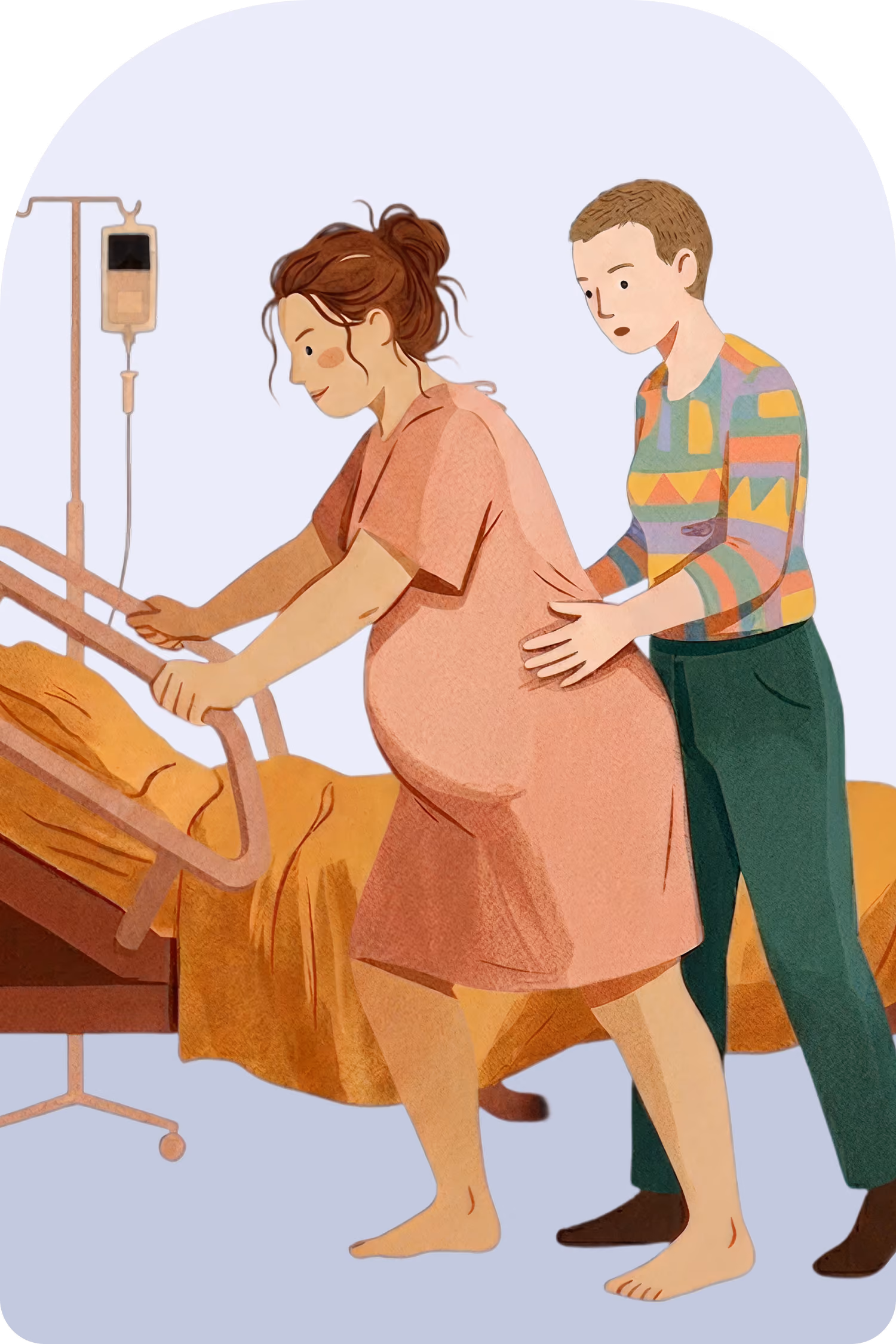Pregnant woman in a hospital gown leaning on bed rails, supported from behind by a person.