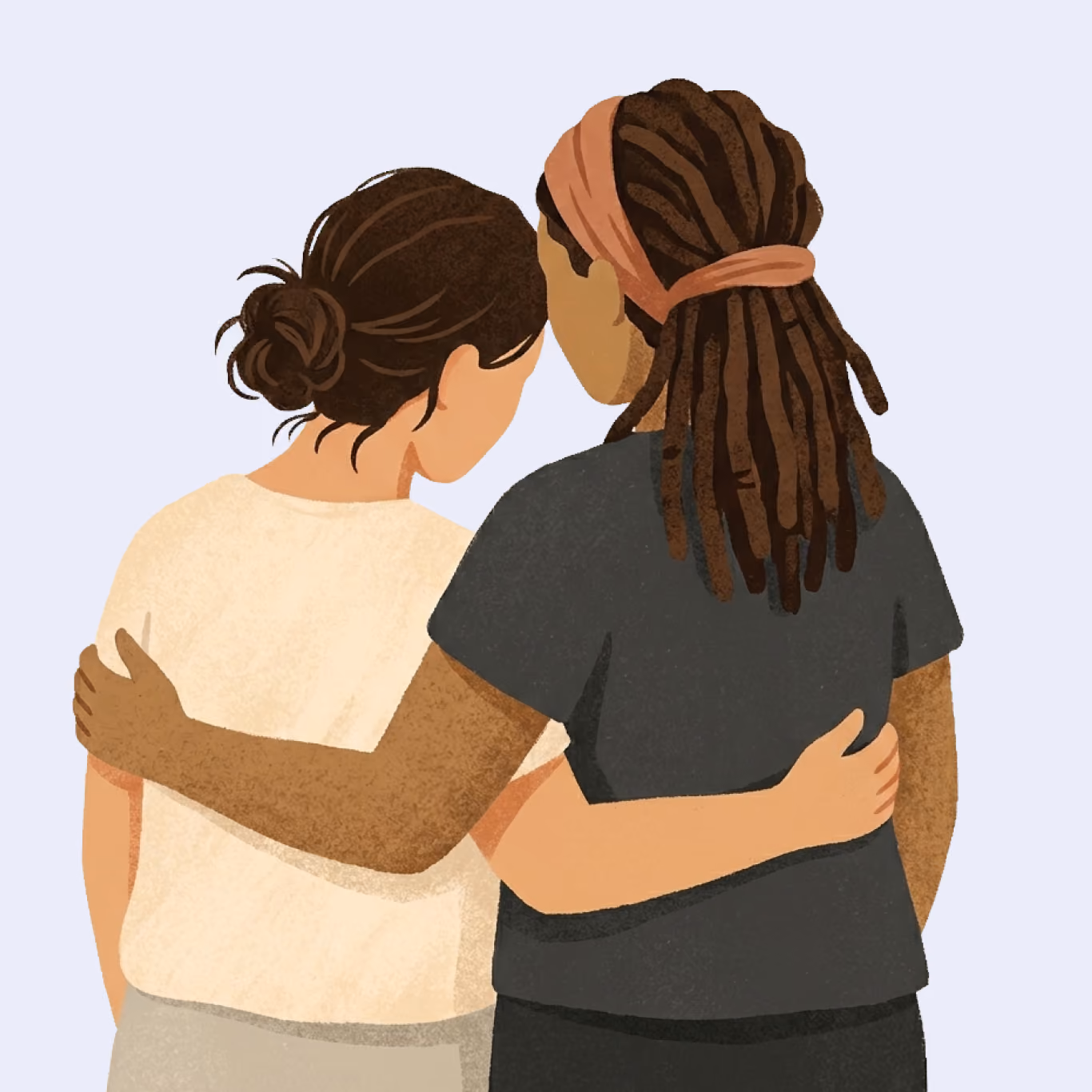 Illustration of two people from behind embracing each other in a supportive hug.