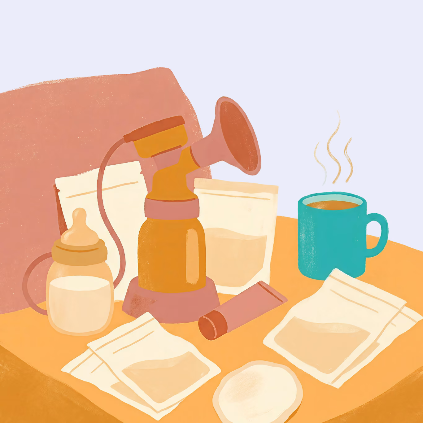 Illustration of a breast pump, baby bottle, milk storage bags, nipple cream, and a steaming cup on a table.