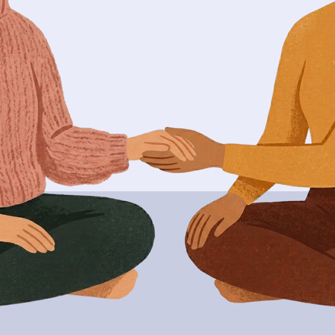 Illustration of two seated people holding hands in a supportive gesture.