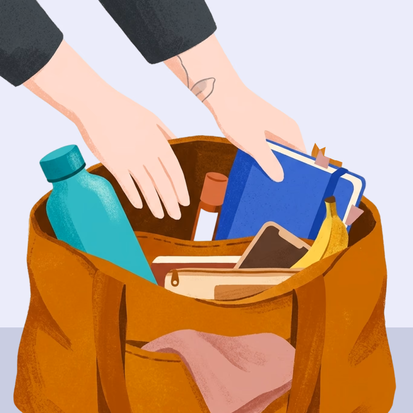 Hands packing a brown bag with a water bottle, notebook, phone, banana, and small pouch.