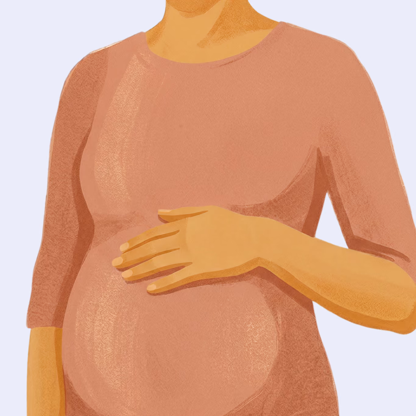 Illustration of a pregnant woman gently holding her belly wearing a pinkish long sleeve top.