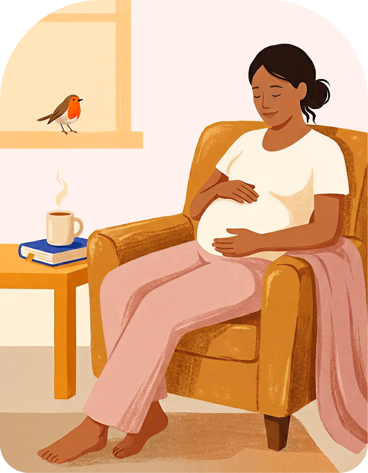 Pregnant woman resting in armchair with eyes closed, a bird on the windowsill and a steaming cup on a table.