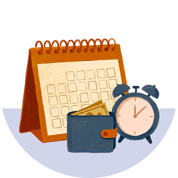 Desk calendar, wallet with money, and alarm clock showing 1:05 on a surface.