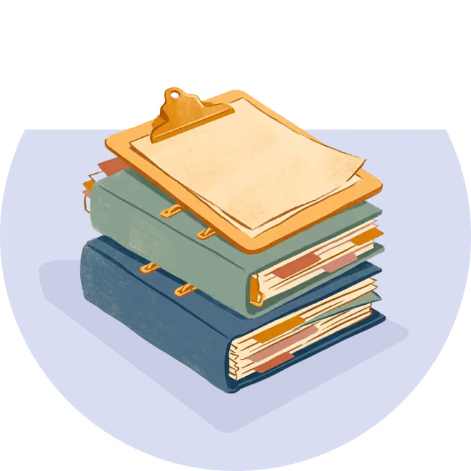 Stack of two binders with papers and a clipboard with blank paper on top on blue background.