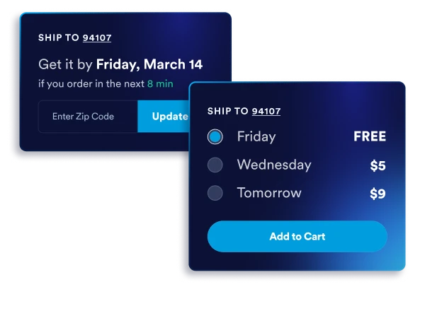 Promise product showing estimated delivery dates if order is completed in the next 8 minutes with different shipment options based on location.