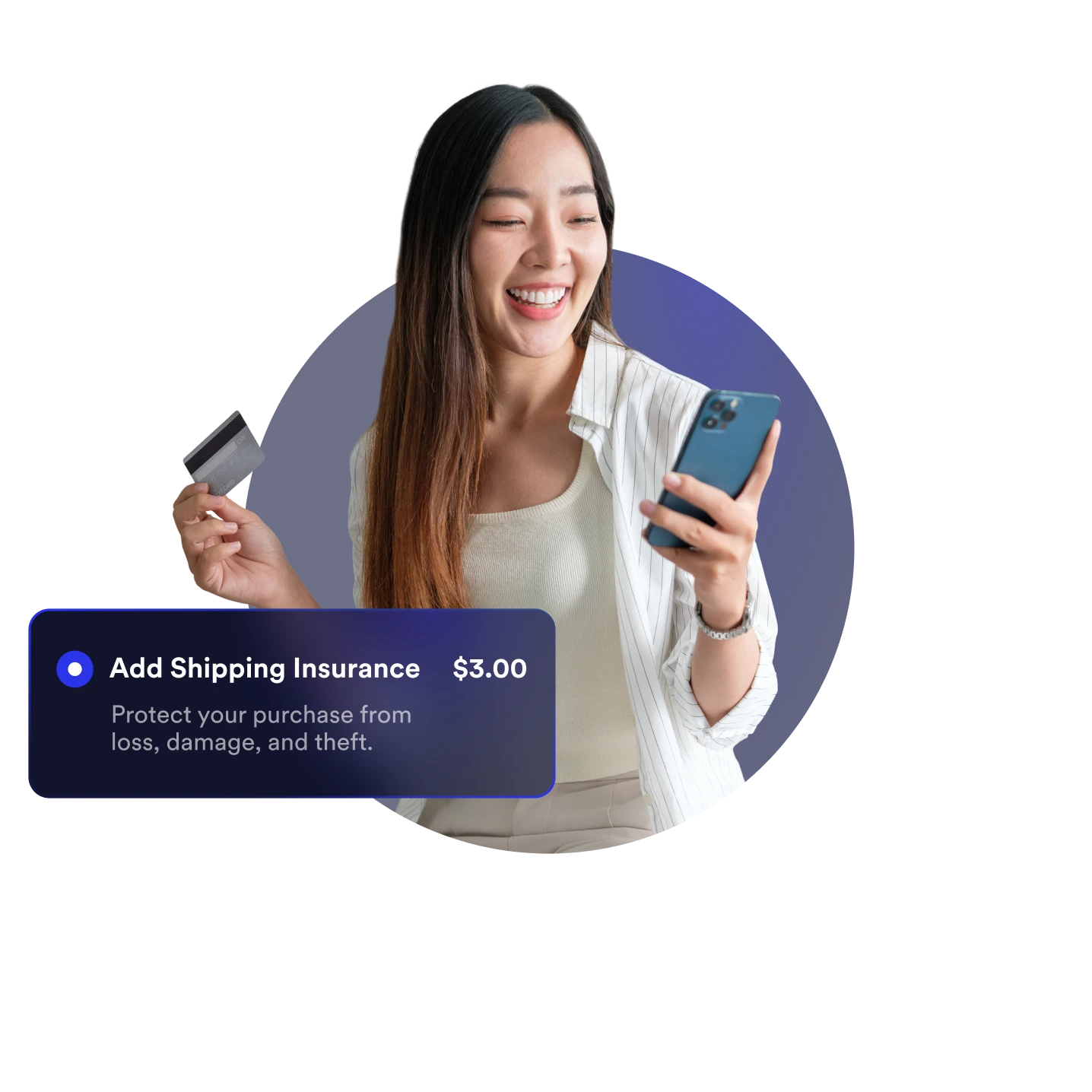 A shopper holding a credit card looking at her phone smiling while adding Shipping Insurance to their cart to protect against loss, damage, and theft.
