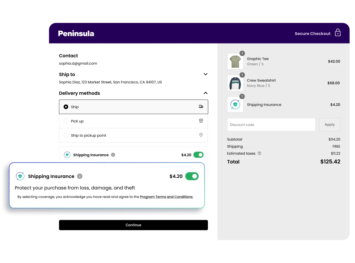 Narvar UI for Shipping Insurance