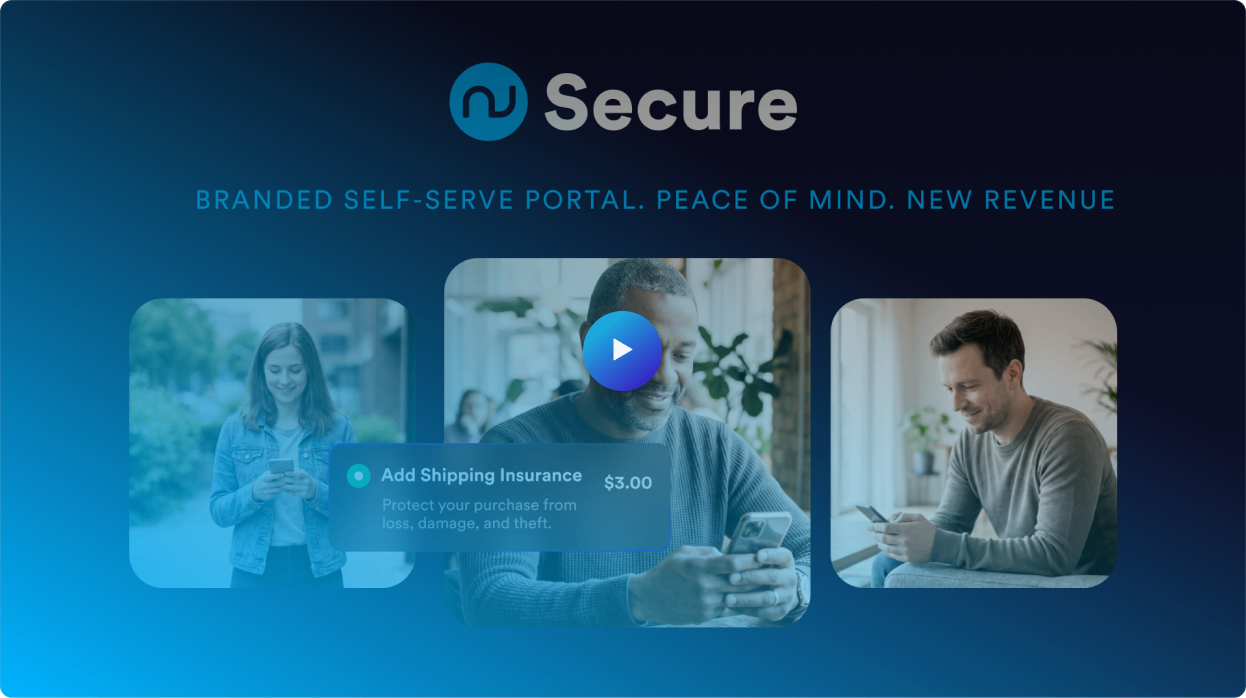 Secure branded self-serve portal with the tagline: Peace of mind. New revenue. Shows three people using mobile devices, and a pop-up option to add shipping insurance for $3.00 to protect purchases from loss, damage, and theft.