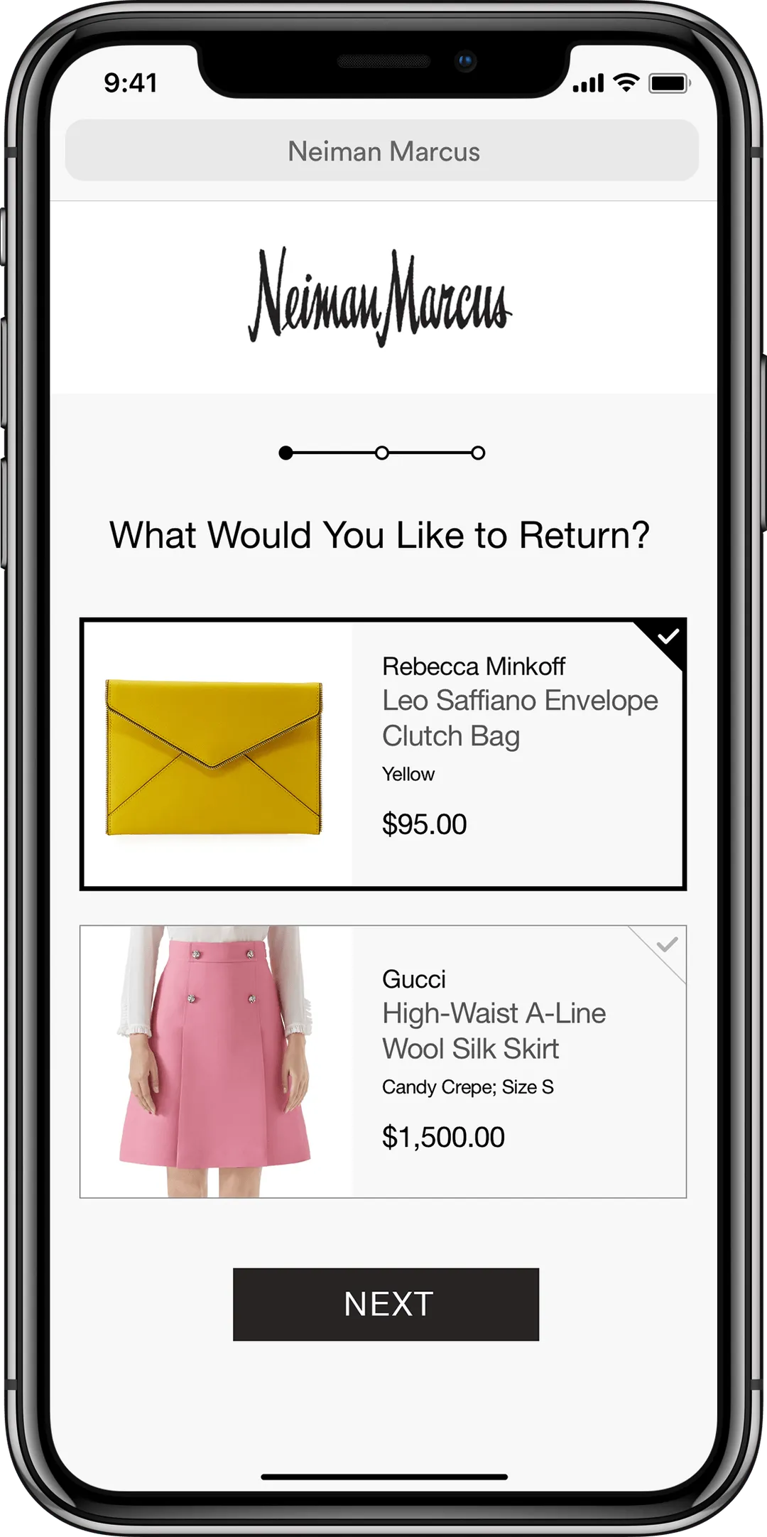 Neiman Marcus app screen on a smartphone showing a return selection interface with two items: a yellow Rebecca Minkoff Leo Saffiano envelope clutch bag priced at $95, currently selected, and a pink Gucci high-waist A-line wool silk skirt in candy crepe, size S, priced at $1,500, not selected, with a black 'NEXT' button below.